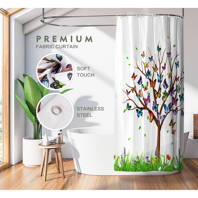 Lokigo Shower Curtain  Tree Shower Curtains for Bathroom  White Fabric Shower Curtain Colorful Floral Leaves Butterfly Shower Curtain Sets  Bathroom Shower Curtain Liner with Hooks 72 x 72 Inches - Image 3